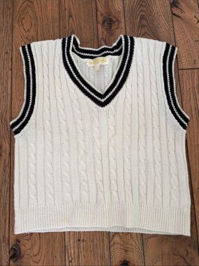 Sugar Moon Women's White Cable Knit V-Neck Sweater Vest with Black Trim